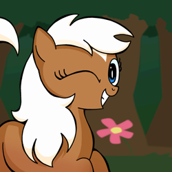 Size: 1000x1000 | Tagged: safe, artist:kid wizard, derpibooru import, earth pony, pony, epona, female, flower, looking at you, mare, one eye closed, ponified, smiling, smiling at you, solo, the legend of zelda, tree, wink