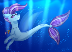 Size: 2750x2000 | Tagged: safe, artist:gabby-artista, derpibooru import, oc, oc only, pegasus, pony, seapony (g4), bubble, clothes, commission, crepuscular rays, digital art, dorsal fin, eyebrows, fins, fish tail, flowing mane, flowing tail, grin, high res, jewelry, looking at you, male, necklace, ocean, purple eyes, purple mane, purple tail, seaponified, seapony oc, see-through, signature, smiling, smiling at you, solo, species swap, stallion, sunlight, swimming, tail, teeth, underwater, unnamed oc, water, wings