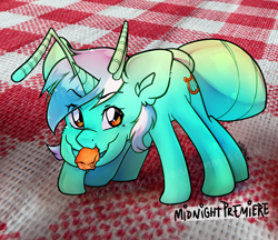 Size: 2000x1724 | Tagged: safe, artist:midnightpremiere, derpibooru import, lyra heartstrings, bug pony, insect, original species, ant, ant pony, female, food, insectified, lyrant, mare, signature, solo, species swap