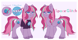 Size: 6000x3105 | Tagged: safe, artist:cheekipone, derpibooru import, oc, oc only, oc:space glitch, earth pony, pony, clothes, cutie mark, earth pony oc, female, mare, meta, nasa, reference sheet, shirt, solo, t-shirt, twitter, unshorn fetlocks