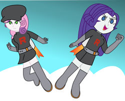 Size: 998x801 | Tagged: safe, artist:lordcrimsoner, derpibooru import, rarity, sweetie belle, human, equestria girls, determined, flying, jetpack, pokémon, sky, sky background, team rocket