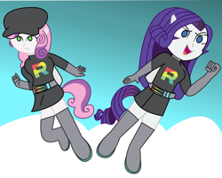 Size: 998x801 | Tagged: safe, artist:lordcrimsoner, derpibooru import, rarity, sweetie belle, equestria girls, jetpack, pokémon, sky, sky background, team rainbow rocket, team rocket