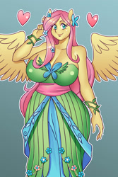 Size: 2000x3000 | Tagged: safe, artist:nauth, derpibooru import, fluttershy, anthro, pegasus, adorasexy, big breasts, breasts, cleavage, clothes, commission, cute, dress, female, gala dress, gradient background, grand galloping gala, heart, hootershy, huge breasts, looking at you, mare, outline, sexy, shyabetes, smiling, smiling at you, solo, white outline