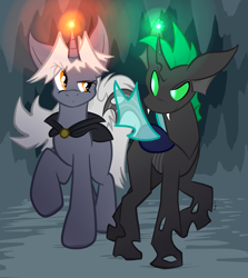 Size: 2635x2959 | Tagged: safe, artist:virmir, derpibooru import, oc, oc only, oc:shifting sands, oc:virmare, oc:virmir, changeling, unicorn, cape, cave, changeling oc, clothes, fangs, female, green changeling, looking at each other, looking at someone, magic, male, raised eyebrow, raised leg