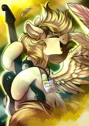 Size: 1920x2716 | Tagged: safe, artist:julunis14, derpibooru import, oc, oc only, oc:prince whateverer, pegasus, pony, badge, guitar, musical instrument, open mouth, solo, spread wings, wings