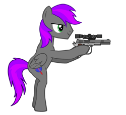 Size: 4134x3752 | Tagged: safe, artist:equestria secret guard, derpibooru import, oc, oc:saien yesha, oc:赛恩夜煞, pegasus, pony creator, bipedal, chinese, gun, hoofgun, male, pegasus oc, scope, simple background, solo, stallion, transparent background, weapon