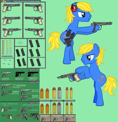 Size: 1982x2048 | Tagged: safe, artist:equestria secret guard, derpibooru import, oc, oc:golden horizon, earth pony, pony creator, bipedal, earth pony oc, green background, gun, hoofgun, male, simple background, stallion, weapon