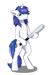 Size: 2043x3000 | Tagged: safe, artist:nothingspecialx9, derpibooru import, oc, oc only, oc:shifting gear, pony, unicorn, baseball bat, bipedal, looking at you, simple background, solo, transparent background, unamused