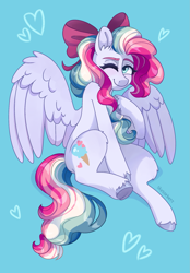 Size: 1421x2046 | Tagged: safe, artist:skysorbett, derpibooru import, oc, oc:sky sorbet, pegasus, bow, female, hair bow, mare, multicolored hair, simple background, sitting, solo