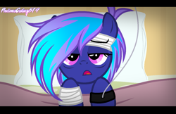 Size: 1275x826 | Tagged: safe, artist:chanour-bases, artist:prismagalaxy514, derpibooru import, oc, pegasus, pony, bandage, fake screencap, fake screenshot, injured, lying down, solo, waking up