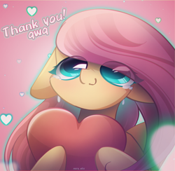 Size: 2100x2050 | Tagged: safe, artist:miryelis, derpibooru import, fluttershy, pegasus, pony, big eyes, crying, cute, ears, floppy ears, heart, holding, long hair, simple background, smiling, solo, text, thank you