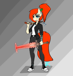 Size: 1397x1444 | Tagged: safe, artist:raw16, derpibooru import, oc, oc:ray muller, anthro, butterfly, pegasus, angry, augmented, clothes, collar, converse, depressed, doom, ear piercing, female, gun, jacket, looking at you, piercing, ponytail, sad, shoes, shotgun, sneakers, sword, tattoo, weapon