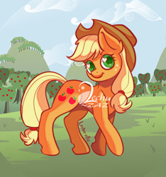 Size: 500x535 | Tagged: safe, artist:lechu-zaz, derpibooru import, applejack, earth pony, pony, apple, cute, food, jackabetes, slim, solo, sweet apple acres