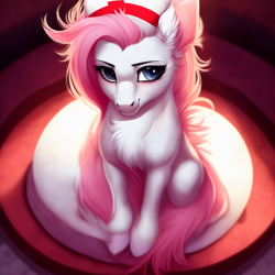 Size: 1536x1536 | Tagged: safe, derpibooru import, edit, editor:epsilonwolf, generator:purplesmart.ai, generator:stable diffusion, machine learning generated, nurse redheart, earth pony, pony, chest fluff, cute, ear fluff, ears, female, flowing mane, fluffy mane, hat, hooves, looking at you, looking up, looking up at you, majestic, mare, nurse hat, sitting, smiling, smiling at you, solo