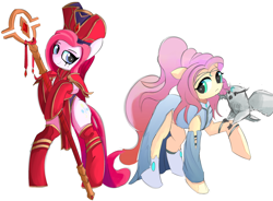 Size: 1236x911 | Tagged: safe, artist:solid shrimp, derpibooru import, bird, earth pony, owl, pegasus, pony, boots, clothes, crossover, dress, duo, female, sally whitemane, shoes, simple background, socks, staff, tyrande whisperwind, warcraft, white background