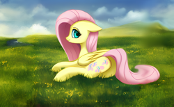 Size: 3328x2048 | Tagged: safe, derpibooru exclusive, derpibooru import, edit, generator:stable diffusion, machine learning generated, fluttershy, pegasus, pony, butt, grass, looking at you, plot, scenery, solo, upscaled, wallpaper