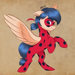 Size: 2048x2048 | Tagged: safe, artist:artharuhi, derpibooru import, pegasus, pony, bodysuit, clothes, female, ladybug (miraculous ladybug), marinette dupain-cheng, mask, miraculous ladybug, ponified, solo, spread wings, teenager, wings