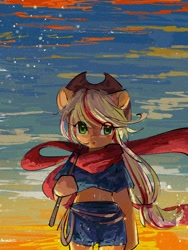 Size: 1620x2160 | Tagged: safe, artist:lendftcn, derpibooru import, applejack, anthro, earth pony, semi-anthro, clothes, cute, female, jackabetes, looking at you, mare, midriff, rope, scarf, solo