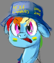 Size: 536x621 | Tagged: safe, artist:anonymous, derpibooru import, rainbow dash, pegasus, pony, brazil, bust, ears, face paint, female, floppy ears, football, hat, looking at you, mare, open mouth, solo, world cup