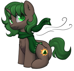 Size: 2302x2200 | Tagged: safe, artist:dumbwoofer, derpibooru import, oc, oc:pine shine, pony, unicorn, chest fluff, clothes, ear fluff, ears, female, horn, looking at you, mare, scarf, simple background, sitting, smiling, solo, transparent background, unicorn oc, wind