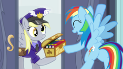 Size: 1920x1080 | Tagged: safe, artist:letseathay, derpibooru import, derpy hooves, rainbow dash, pegasus, pony, bag, book, butt, chest, duo, eyes closed, hat, mailbag, mailmare, mailpony, open mouth, open smile, plot, saddle bag, smiling