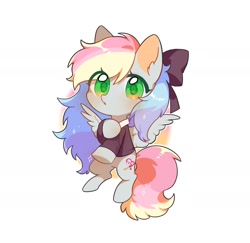 Size: 1844x1795 | Tagged: safe, artist:dreamsugar, derpibooru import, oc, oc only, oc:blazey sketch, pegasus, pony, blushing, bow, chibi, clothes, commission, green eyes, grey fur, hair bow, multicolored hair, shading, simple background, small wings, solo, sweater, white background, wings