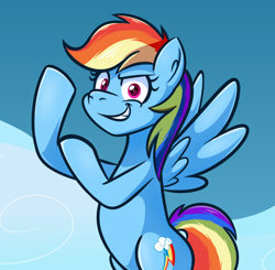 Size: 840x822 | Tagged: safe, artist:scootieloo, derpibooru import, rainbow dash, pony, cloudsdale, female, looking at you, raised hoof, raised leg, rosie the riveter, simple background, solo, teeth