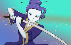Size: 1200x760 | Tagged: safe, artist:empyu, derpibooru import, rarity, human, equestria girls, 30 minute art challenge, alternate hairstyle, anime, clothes, female, gradient background, katana, looking at you, samurai, simple background, solo, sword, weapon