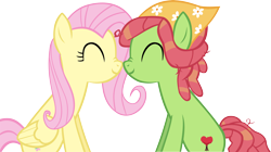 Size: 6707x3760 | Tagged: safe, artist:ironm17, derpibooru import, fluttershy, tree hugger, earth pony, pegasus, pony, absurd resolution, duo, eyes closed, female, flutterhugger, lesbian, male, mare, nose wrinkle, nuzzling, shipping, simple background, smiling, straight, transparent background