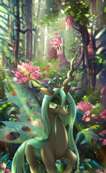 Size: 1996x3264 | Tagged: safe, artist:neoshrek, derpibooru import, machine learning assisted, queen chrysalis, changeling, changeling queen, background, crepuscular rays, female, forest, solo