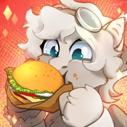 Size: 2480x2480 | Tagged: safe, artist:sinrinf, derpibooru import, pegasus, pony, burger, commission, eating, food, solo, ych result, your character here