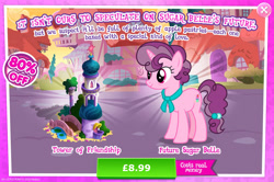 Size: 1958x1301 | Tagged: safe, derpibooru import, sugar belle, pony, unicorn, advertisement, bridge, bush, costs real money, english, female, gameloft, horn, mare, numbers, official, older, older sugar belle, sale, solo, solo focus, text, tower, window