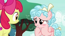 Size: 1200x675 | Tagged: safe, derpibooru import, edit, edited screencap, screencap, apple bloom, cozy glow, earth pony, pegasus, pony, marks for effort, blushing, duo