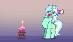 Size: 1433x825 | Tagged: safe, artist:witchtaunter, derpibooru import, lyra heartstrings, pony, unicorn, g4, animated, birthday, blowing, candle, chest fluff, cupcake, ear fluff, ears, faic, female, food, gasping, gradient background, hat, l.u.l.s., mare, party hat, solo, stool, trick candle
