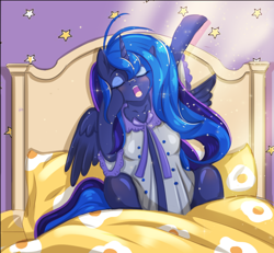 Size: 1074x994 | Tagged: safe, artist:mdwines, derpibooru import, princess luna, alicorn, pony, bed, bedroom, clothes, cute, female, feral, mare, nightgown, solo, stretching, yawn