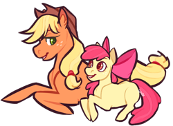 Size: 1100x806 | Tagged: safe, artist:lutnik, derpibooru import, apple bloom, applejack, earth pony, pony, apple sisters, duo, female, filly, foal, lying down, mare, siblings, simple background, sisters, transparent background