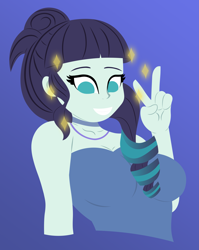 Size: 4189x5263 | Tagged: safe, artist:egor418, derpibooru import, coloratura, human, equestria girls, absurd resolution, blue background, bust, choker, clothes, female, gradient background, lineless, looking at you, no pupils, peace sign, simple background, smiling, smiling at you, solo, solo female