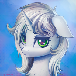 Size: 2000x2000 | Tagged: safe, artist:adagiostring, derpibooru import, oc, oc:white noise, pony, unicorn, blue background, bust, commission, cute, female, green eyes, headshot commission, high res, horn, looking at you, mare, my little pony, portrait, simple background, solo, watching