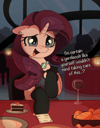 Size: 3917x5000 | Tagged: safe, artist:nookprint, derpibooru import, rarity, pony, unicorn, absurd resolution, alcohol, bill, bread, cake, cake slice, candle, clothes, date, dialogue, dress, ear piercing, earring, evening gloves, female, floppy ears, food, glass, grin, horn, jewelry, mare, nervous, nervous grin, nervous sweat, open mouth, open smile, piercing, restaurant, sitting, smiling, stockings, sweat, sweatdrop, talking, talking to viewer, thigh highs, wine, wine glass
