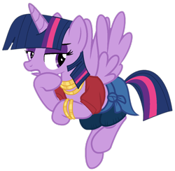 Size: 1072x1045 | Tagged: safe, artist:katnekobase, artist:twilyisbestpone, derpibooru exclusive, derpibooru import, twilight sparkle, twilight sparkle (alicorn), valley glamour, alicorn, pony, bracelet, clothes, eyeshadow, flying, frown, gold, hoof on chin, jewelry, lidded eyes, makeup, midriff, necklace, pegasus wings, shirt, shorts, simple background, solo, spread wings, transparent background, wings