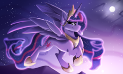 Size: 2500x1500 | Tagged: safe, artist:starcasteclipse, derpibooru import, twilight sparkle, twilight sparkle (alicorn), alicorn, pony, female, flying, jewelry, mare, moon, regalia, slim, smiling, solo, wings