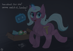 Size: 2025x1427 | Tagged: safe, artist:nyrikiri, derpibooru exclusive, derpibooru import, idw, radiant hope, crystal pony, unicorn, box, cassette tape, female, high res, mare, night, the crystal empire 10th anniversary, vhs