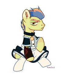 Size: 1200x1498 | Tagged: safe, artist:c1trine, derpibooru import, oc, oc only, oc:wonder apple, earth pony, pony, clothes, collar, commission, ear piercing, earring, icey-verse, jewelry, lip piercing, magical gay spawn, maid, male, multicolored hair, offspring, parent:braeburn, parent:soarin', parents:soarburn, piercing, simple background, sitting, snake bites, socks, solo, stallion, stockings, tattoo, thigh highs, transparent background, unamused, ych result