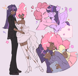 Size: 3703x3648 | Tagged: safe, artist:cupiepuff, derpibooru import, pinkie pie, twilight sparkle, twilight sparkle (alicorn), alicorn, earth pony, human, pony, bride of frankenstein, clothes, dark skin, dress, eyes closed, female, females only, frankenstein's monster, heart, high heels, humanized, kiss on the cheek, kissing, lesbian, lesbian wedding, shipping, shoes, simple background, sparkles, stockings, suit, thigh highs, twinkie