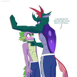 Size: 2048x2048 | Tagged: safe, artist:shallowwin, derpibooru import, pharynx, spike, anthro, changedling, changeling, dragon, blushing, clothes, domination, duo, duo male, height difference, implied gay, implied shipping, implied thoraxspike, larger male, male, older, older spike, prince pharynx, school uniform, shorts, simple background, size difference, smaller male, white background