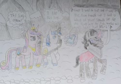 Size: 677x468 | Tagged: safe, artist:mr.myoozik, derpibooru exclusive, derpibooru import, king sombra, princess cadance, shining armor, alicorn, pony, unicorn, the crystal empire, angry, annoyed, armor, bad end, bite mark, blondie, captured, chains, cloud, crown, crystal, crystal heart, cutie mark, dark clouds, eyes closed, female, folded wings, footprint, gag, heart of glass (song), horn, jewelry, levitation, magic, magic suppression, male, mare, mountain, mountain range, muzzle gag, purple eyes, regalia, sad, sharp teeth, singing, slave, snow, song reference, speech bubble, stallion, teeth, telekinesis, text, the crystal empire 10th anniversary, thought bubble, traditional art, walking, wings