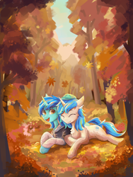 Size: 2100x2800 | Tagged: safe, artist:月下枫林, derpibooru import, oc, oc only, autumn, eyes closed, female, leaves, shipping, smiling, tree