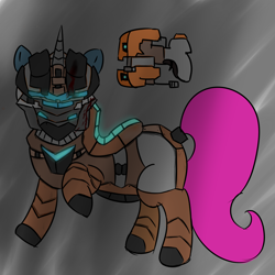 Size: 5000x5000 | Tagged: safe, artist:houndy, derpibooru import, oc, oc only, oc:houndy, pony, unicorn, absurd resolution, armor, blood, blood splatter, blood stains, clothes, cosplay, costume, dead space, gun, helmet, horn, light, male, pink tail, stallion, tail, technology, thicc thighs, unicorn oc, weapon, wide hips