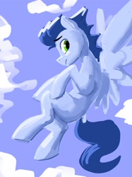 Size: 1535x2048 | Tagged: safe, artist:dimfann, derpibooru import, soarin', pegasus, pony, cloud, flying, looking at you, male, solo