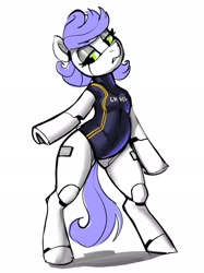 Size: 1535x2048 | Tagged: safe, artist:dimfann, derpibooru import, oc, oc only, earth pony, pony, robot, robot pony, bipedal, female, green eyes, leotard, simple background, solo, white background